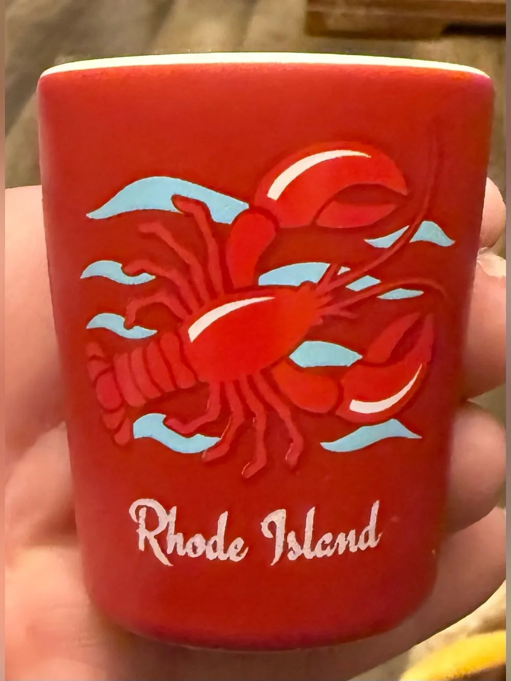Rhode Island Red Lobster with blue waves Shot Glass